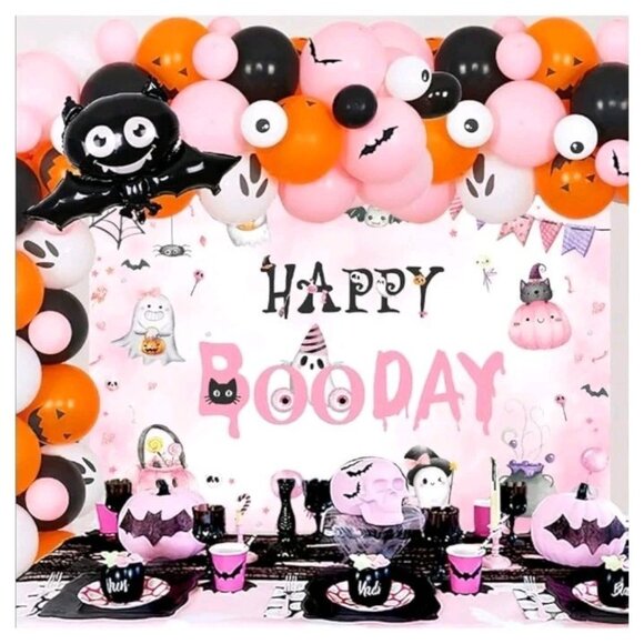 MEHOFOND Halloween Happy Birthday Backdrop for Girls Pink Happy Booday - Picture 2 of 8